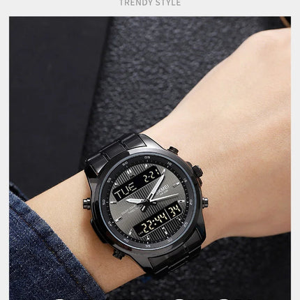 Skmei orologio da polso analogico al quarzo da uomo cinturino in acciaio inossidabile di lusso Led impermeabile digitale sportivo sveglia a tre fusi orari platinumshop