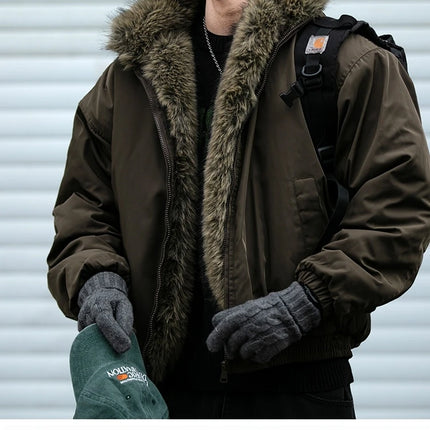 Mens Korean Streetwear Thick Warm Jacket Winter Fleece Lined Fur Collar High Quality Cold Proof Heavyweight Outdoor Thermal Coat