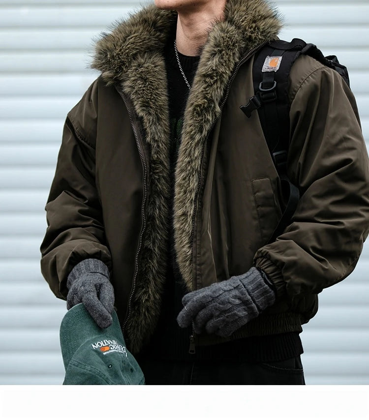 Mens Korean Streetwear Thick Warm Jacket Winter Fleece Lined Fur Collar High Quality Cold Proof Heavyweight Outdoor Thermal Coat
