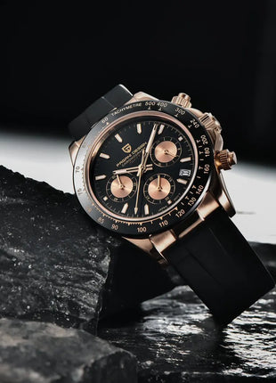 PAGANI DESIGN Cronografo da uomo Orologio da polso al quarzo di lusso in oro rosa 40mm Quadrante blu ghiaccio Vetro zaffiro 100M Impermeabile Cinturino in caucciù Orologio sportivo da uomo per uomo Reloj Hombre+GIFT BOX