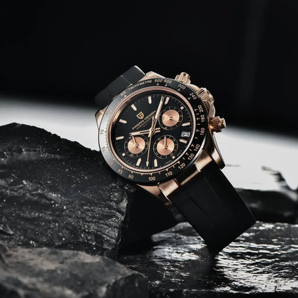 PAGANI DESIGN Cronografo da uomo Orologio da polso al quarzo di lusso in oro rosa 40mm Quadrante blu ghiaccio Vetro zaffiro 100M Impermeabile Cinturino in caucciù Orologio sportivo da uomo per uomo Reloj Hombre+GIFT BOX