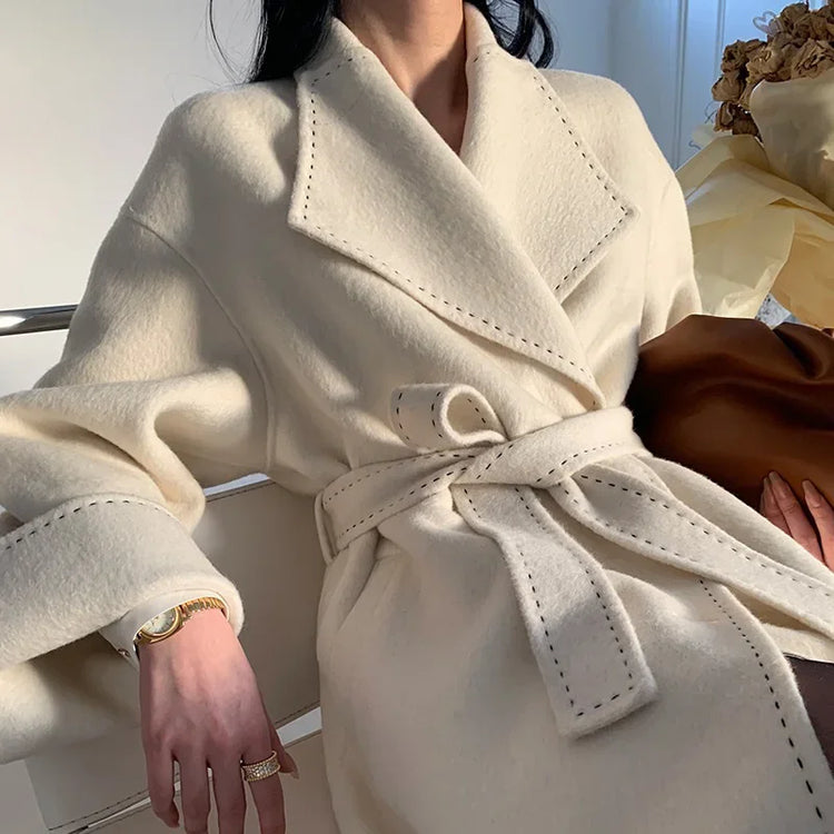 New Solid Korean Style Women Wool Coat Arch Needle Large Neck Versatile Fashion Texture Double Sided Trench Coats Female Winter
