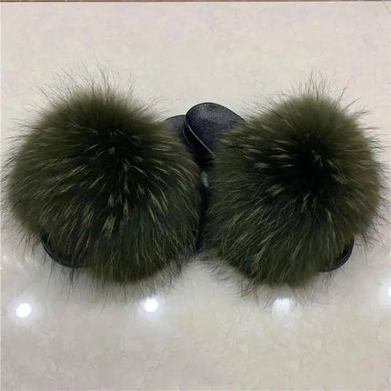 Real Raccoon Fur Slippers for Women 2023 Summer Fluffy Indoor Home Fuzzy Flat Slides Outdoor Fashion Beach Sandals Flip Flops