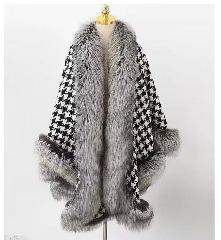 ZADORIN Autumn Winter Luxury Faux Fur Coat Women Elegant Houndstooth Tweed Warm Big Poncho Fur Shawl Cape Women Party Outerwear