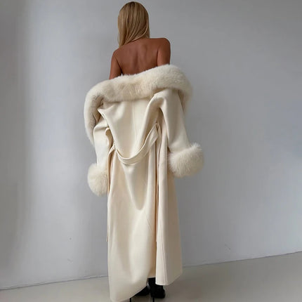 TARUXY Women Luxurious Faux Fox Fur Collar Long Jacket Elegant Solid Long-Sleeved Loose Lace Up Street Warm Coat 2026 Winter New