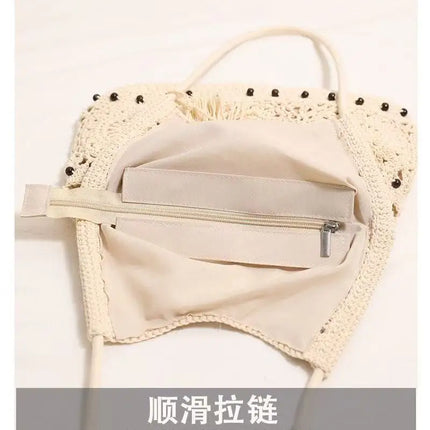 Women Crochet Tote Bag White Openwork Knit Handbag with Beaded Fringe Charm Long Adjustable Straps Boho Beach Bag