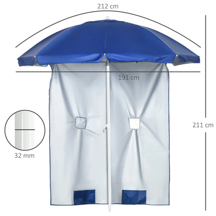 Outsunny Ombrellone da Spiaggia Ø1.9x2 m con Tettuccio Reclinabile a 45°, Tendina Laterale con Finestre e 2 Tasche, Ombrellone da Mare con 8 Stecche e Design a 2 Sezioni in Acciaio e Poliestere, Blu