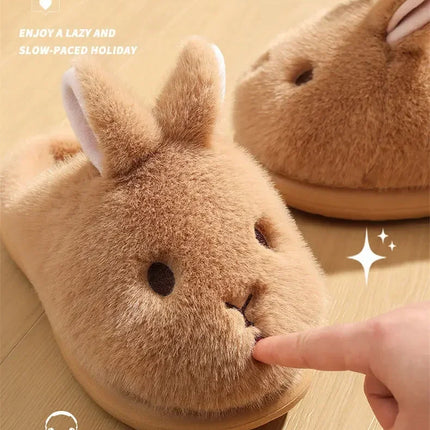 Women's Cute Rabbit Cotton Slippers Autumn and Winter Cartoon 3D Bunny with Plush Insulation, Thick Bottom, Home Plush Slippers