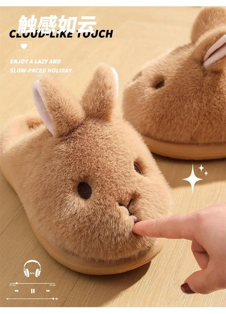 Women's Cute Rabbit Cotton Slippers Autumn and Winter Cartoon 3D Bunny with Plush Insulation, Thick Bottom, Home Plush Slippers