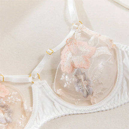 Krasapt Luxury Floral Embroidery Lingerie 2Pcs Sets Sensual Mesh See Through Bra And Panty Garter Erotic Suits Delicate Bilizna