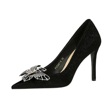 NUOVE Décolleté da donna con strass Tacchi alti a farfalla 10 CM Tacchi a spillo da donna in pelle scamosciata Scarpe da banchetto di lusso Scarpe da sposa di moda