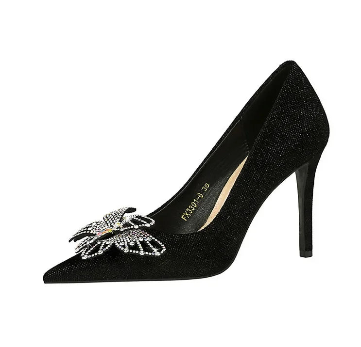 NUOVE Décolleté da donna con strass Tacchi alti a farfalla 10 CM Tacchi a spillo da donna in pelle scamosciata Scarpe da banchetto di lusso Scarpe da sposa di moda