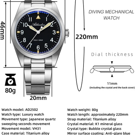 ADDIESDIVE 36mm Men's Luxury Watch VH31 Titanium Alloy  Watch Super Luminous 100m Waterproof Men's Luminous Quartz Watches