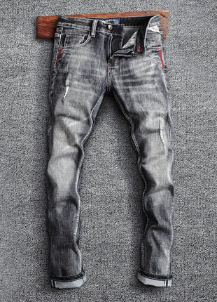 Italian Style Fashion Men Jeans Retro Gray Elastic Slim Fit Ripped Jeans Men Trousers Vintage Designer Casual Denim Pants Hombre PlatiNum