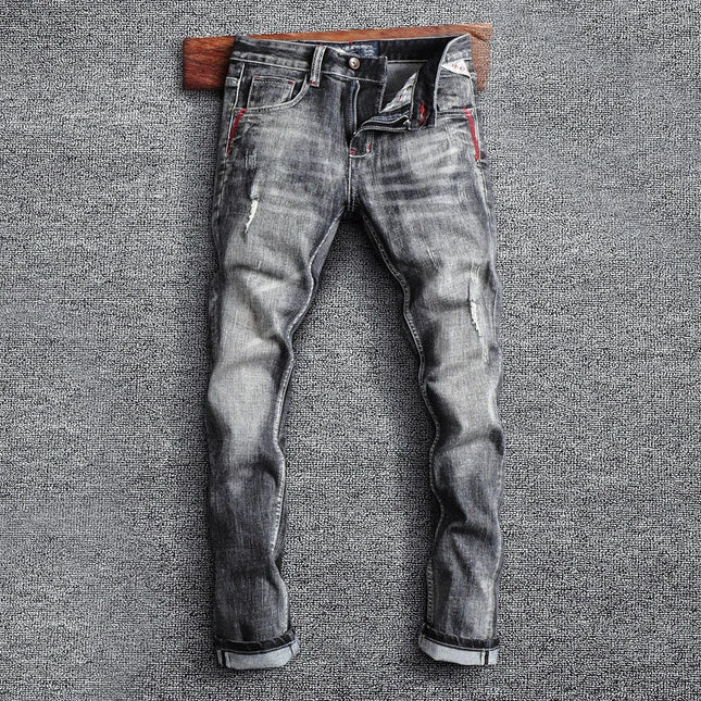 Italian Style Fashion Men Jeans Retro Gray Elastic Slim Fit Ripped Jeans Men Trousers Vintage Designer Casual Denim Pants Hombre PlatiNum