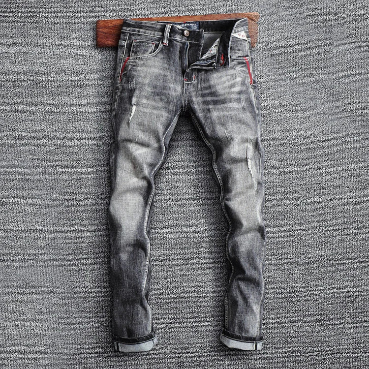 Italian Style Fashion Men Jeans Retro Gray Elastic Slim Fit Ripped Jeans Men Trousers Vintage Designer Casual Denim Pants Hombre PlatiNum