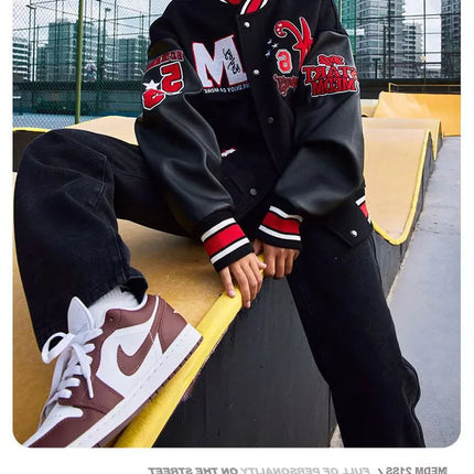 Bomber Jacket Men Women Flocking Hip Hop Loose Casual Patchwork Coat Unisex Embroidery High Street Varsity Baseball Outwear 2023