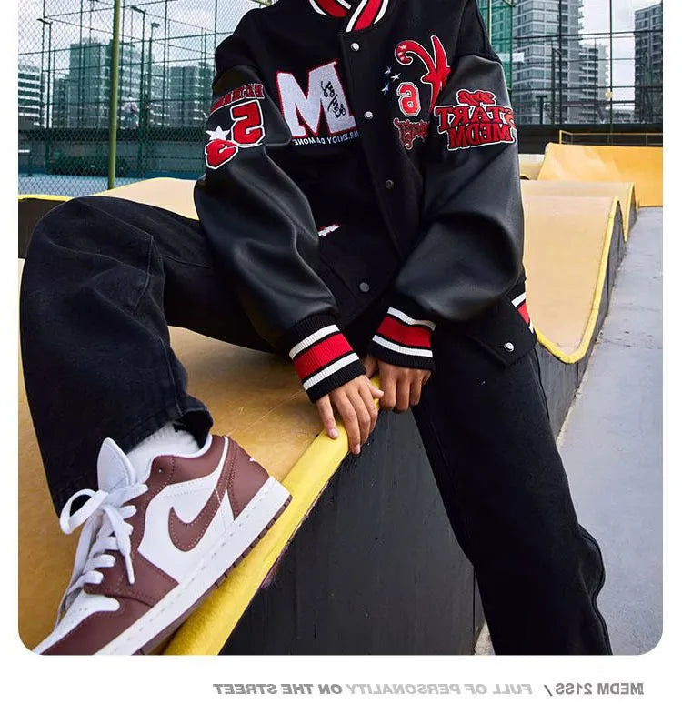 Bomber Jacket Men Women Flocking Hip Hop Loose Casual Patchwork Coat Unisex Embroidery High Street Varsity Baseball Outwear 2023