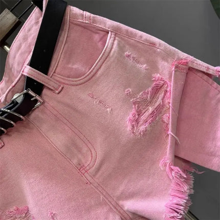 New style ripped denim shorts with frayed washed pockets and wide legs