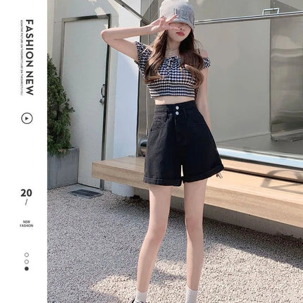 Women's summer thin denim shorts with loose fit high waist slimming effect wide legs and rolled edge hot pants for outerwear PlatiNum