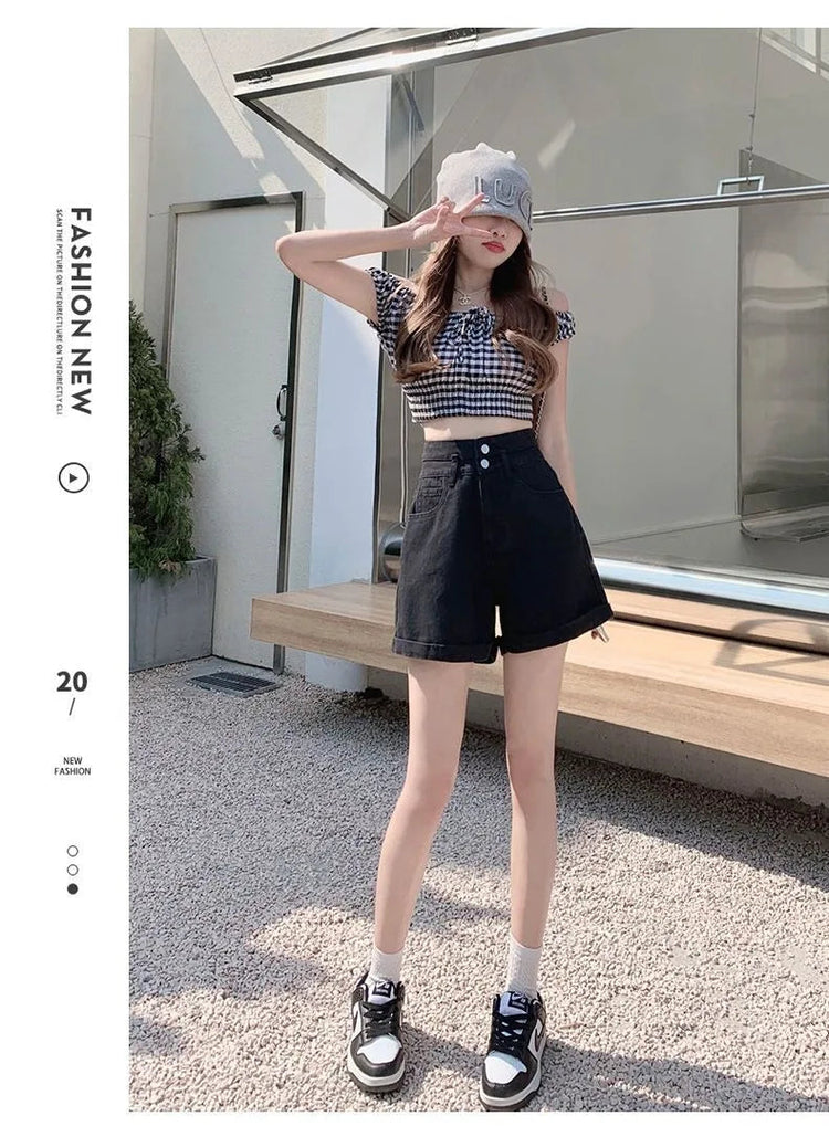 Women's summer thin denim shorts with loose fit high waist slimming effect wide legs and rolled edge hot pants for outerwear PlatiNum