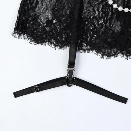 Sexy Erotic Womens Western Style Handmade Pearl 4 Piece Set Sensual See Through Lace Alluring Bowknot Attractive Breathable Set