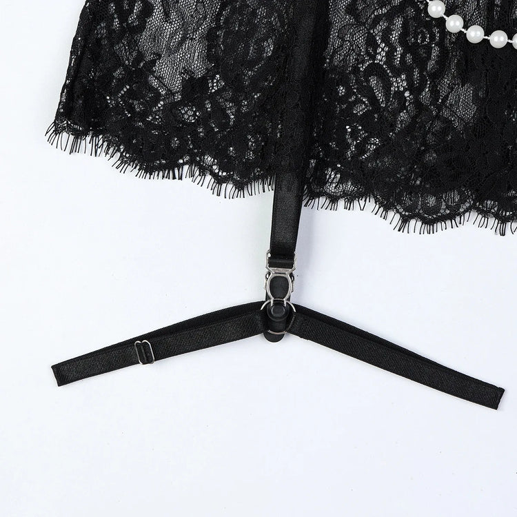 Sexy Erotic Womens Western Style Handmade Pearl 4 Piece Set Sensual See Through Lace Alluring Bowknot Attractive Breathable Set