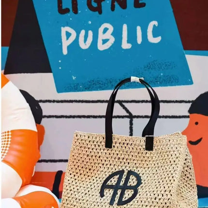 Large Capacity AB Letter Woven Straw Tote Bag, Beach Vacation Women's Striped RIO City Simple Style Casual Travel Bag