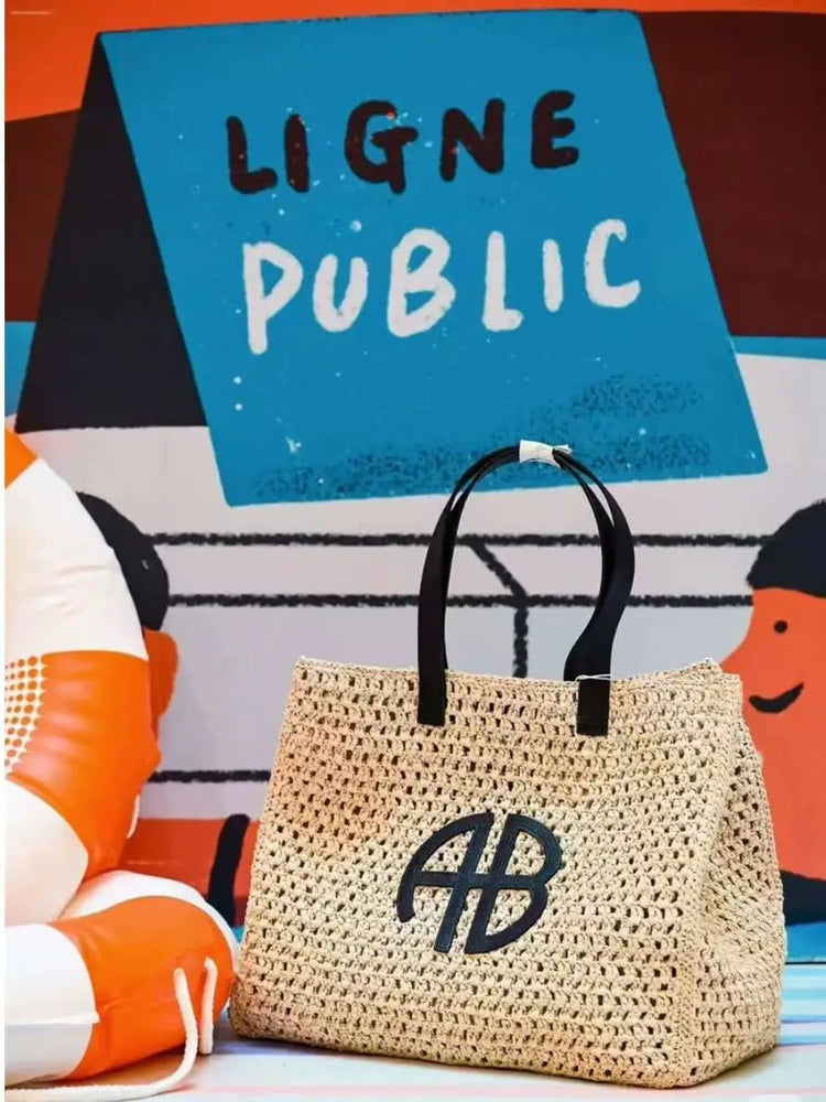 Borsa tote in paglia intrecciata con lettera AB di grande capacità, per vacanze al mare, da donna, a righe, RIO City, stile semplice, borsa da viaggio casual