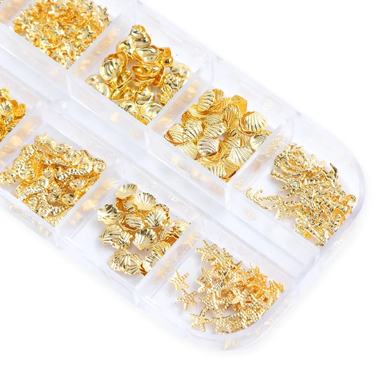 12 Grids Gold Nail Art Alloy Studs Seaside 3D Decorations Sea Shell Star Nail Charm Metal Frame Rivets Nail Sequin Accessories