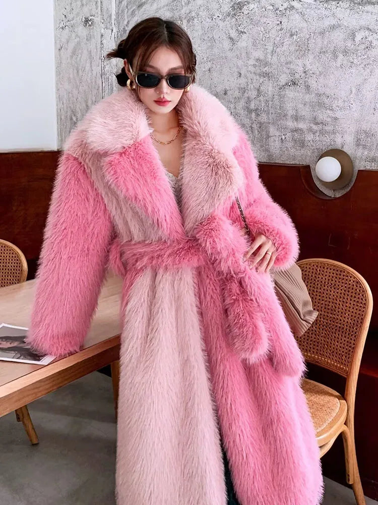 ZADORIN New Spliced Oversize Belted Long Faux Fur Coat Woman Winter Clothes Furry Jacket Fur Faux Coat New in Coats & Jackets