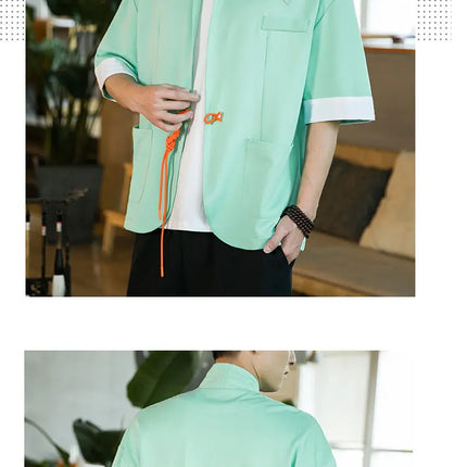 Nuova Camicia Giapponese da Samurai Ricamata in Cotone e Lino da Uomo, Vestibilità Ampia, Stile Retrò Tradizionale, Casual, Traspirante, Confortevole ed Elegante