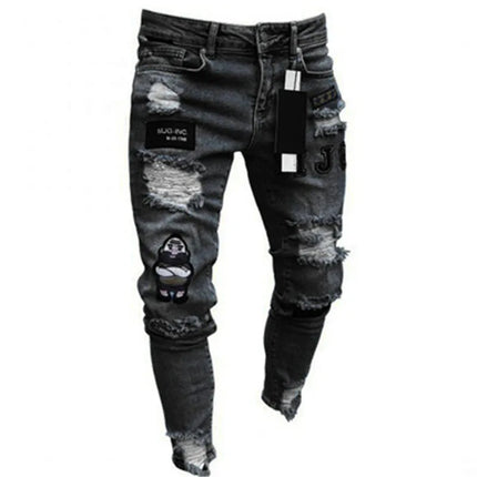 New embroidered fine grain jeans for men, cotton elastic hole slim fit hip-hop denim pants, casual jeans for men, jogging pants PlatiNum