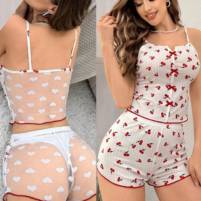 Pigiama sexy da donna in 2 pezzi Set Pigiama in rete trasparente con stampa a cuore Cami Top pantaloncini Taglie forti Indumenti da notte Bianco Ventilato
