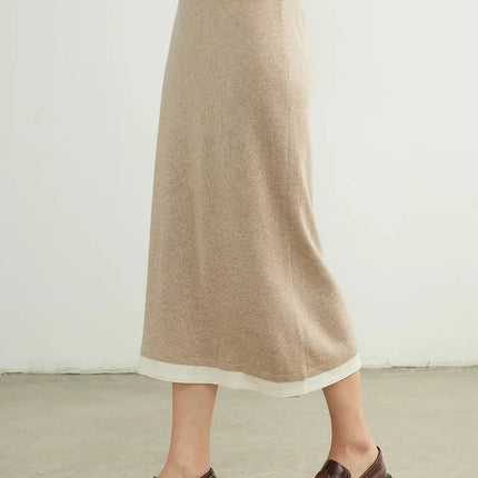 SuyaDream, Women Long Skirt, 32.4%Sheep Wool, Solid Woolen Knitted Skirts, 2024 Autumn Winter Warm Under Dress, Grey, Khaki PlatiNum