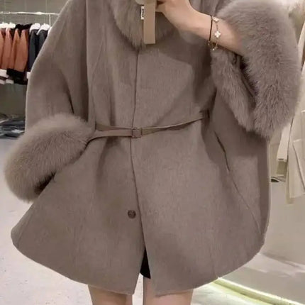 UCXQ Korean Style Two Sided Cloak Overcoat For Women Fur Collars Belt Loose Long Coats 2025 Winter New 23Z2284