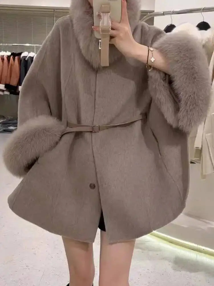 UCXQ Korean Style Two Sided Cloak Overcoat For Women Fur Collars Belt Loose Long Coats 2025 Winter New 23Z2284