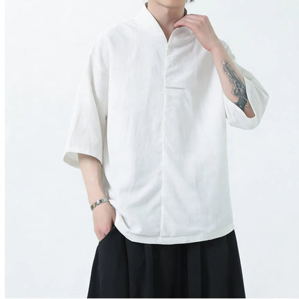 Camicie da uomo estive in lino di alta qualità, tinta unita, a maniche corte, stile cinese tradizionale, per Kung Fu e Tai Chi