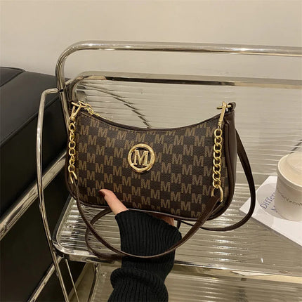 Vintage Style Handbag Crossbody Bag, Gold Letter 'M' Design Pu Leather Shoulder Messenger Bag, Synthetic Leather Tote Bag, Purse PlatiNum