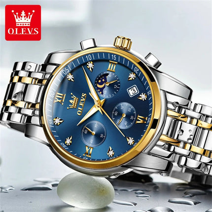 OLEVS 2858 Orologio da Uomo in Acciaio Inossidabile, Impermeabile, Antigraffio, con Fasi Lunari, Luminoso, Cronografo, Orologio da Polso al Quarzo di Lusso platinumshop