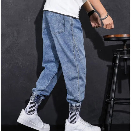 Loose Elastic Waist Denim Jeans for Men 2024 Fashion Casual Spring Workwear Foot-Tied Pants with Brand Workwear Baggy Trousers PlatiNum