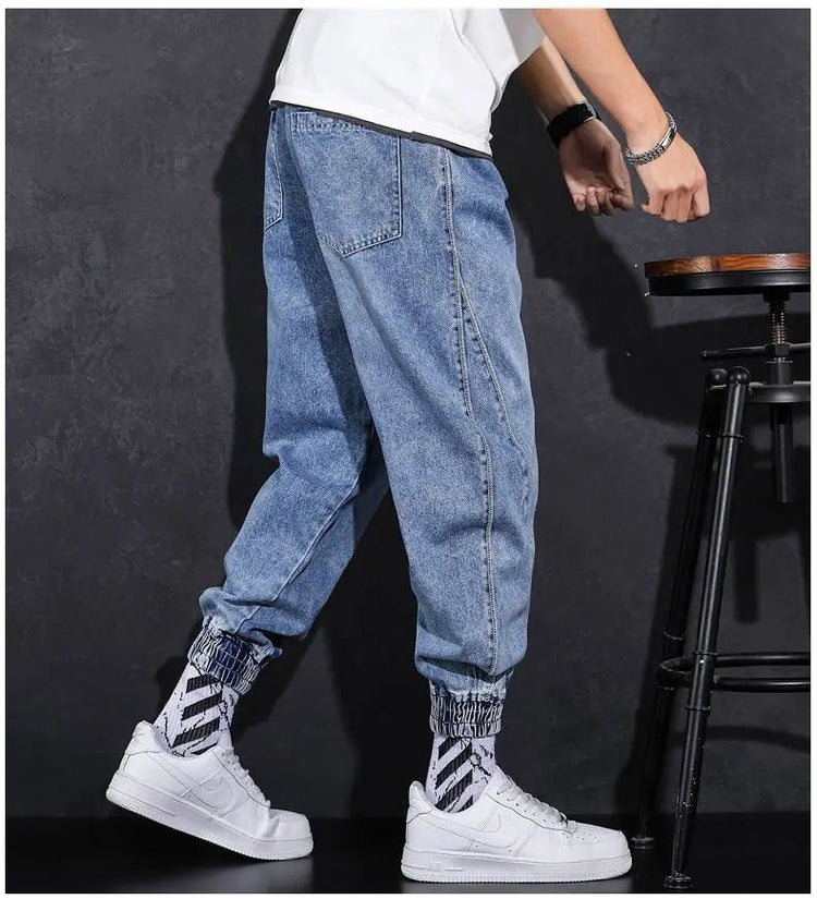 Loose Elastic Waist Denim Jeans for Men 2024 Fashion Casual Spring Workwear Foot-Tied Pants with Brand Workwear Baggy Trousers PlatiNum