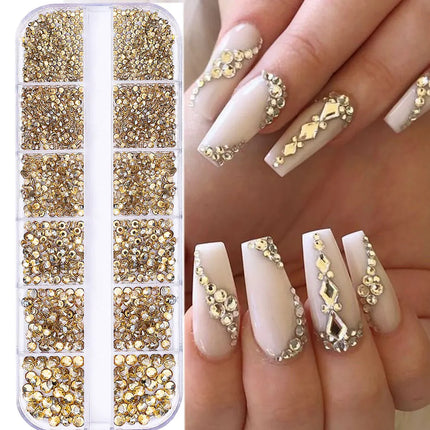 1.5mm-5mm Champagne Glass Crystal Nail Art Gems 12grids Flatback SS4-SS16 Mixed Nail Art Rhinestone Non-Hotfix Diamond Nail Deco