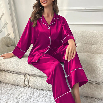 Pijama de mujer Conjunto de noche Conjunto de pijama de 2 piezas Pijama de satén de manga larga con pantalones Ropa de dormir para mujer