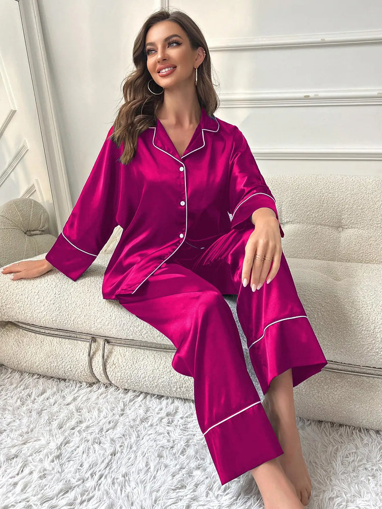 Pigiama da donna Completo da notte Completo da pigiama Pj Set Top a maniche lunghe in raso con pantaloni Pigiama da 2 pezzi Pigiama da donna
