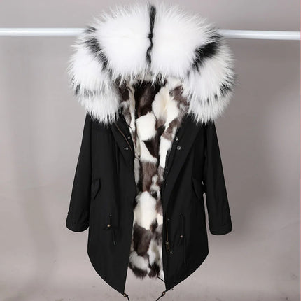 Winter Long Jacket Real Fur Coat Women Clothes Large Silver Fox Fur Collar Detachable Natural Fox Lining Parkas Leather Fur