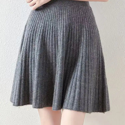 100% Merino Wool Mini Skirt Korean Women's AutumnWinter Fashionable Solid Color Elastic Waist Knitted Pleated Skirt PlatiNum