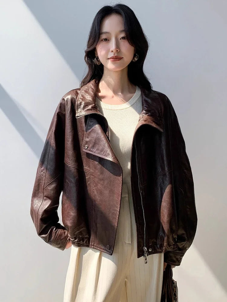 Waxed Sheepskin Genuine Leather Moto Biker Jacket Women Cropped Stand Collar Zip Up Snap Button Loose Casual Autumn Outwear 2026
