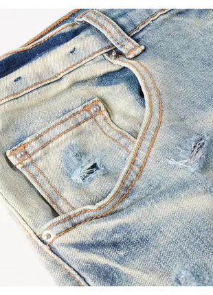 Designer High Street Fashion New Light Blue Men's Jeans Stretch Slimming White Leather Patch Hip Hop Brand Pants HombreY2K PlatiNum