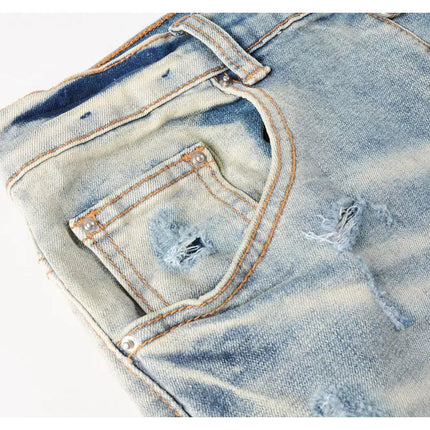 Designer High Street Fashion New Light Blue Men's Jeans Stretch Slimming White Leather Patch Hip Hop Brand Pants HombreY2K PlatiNum